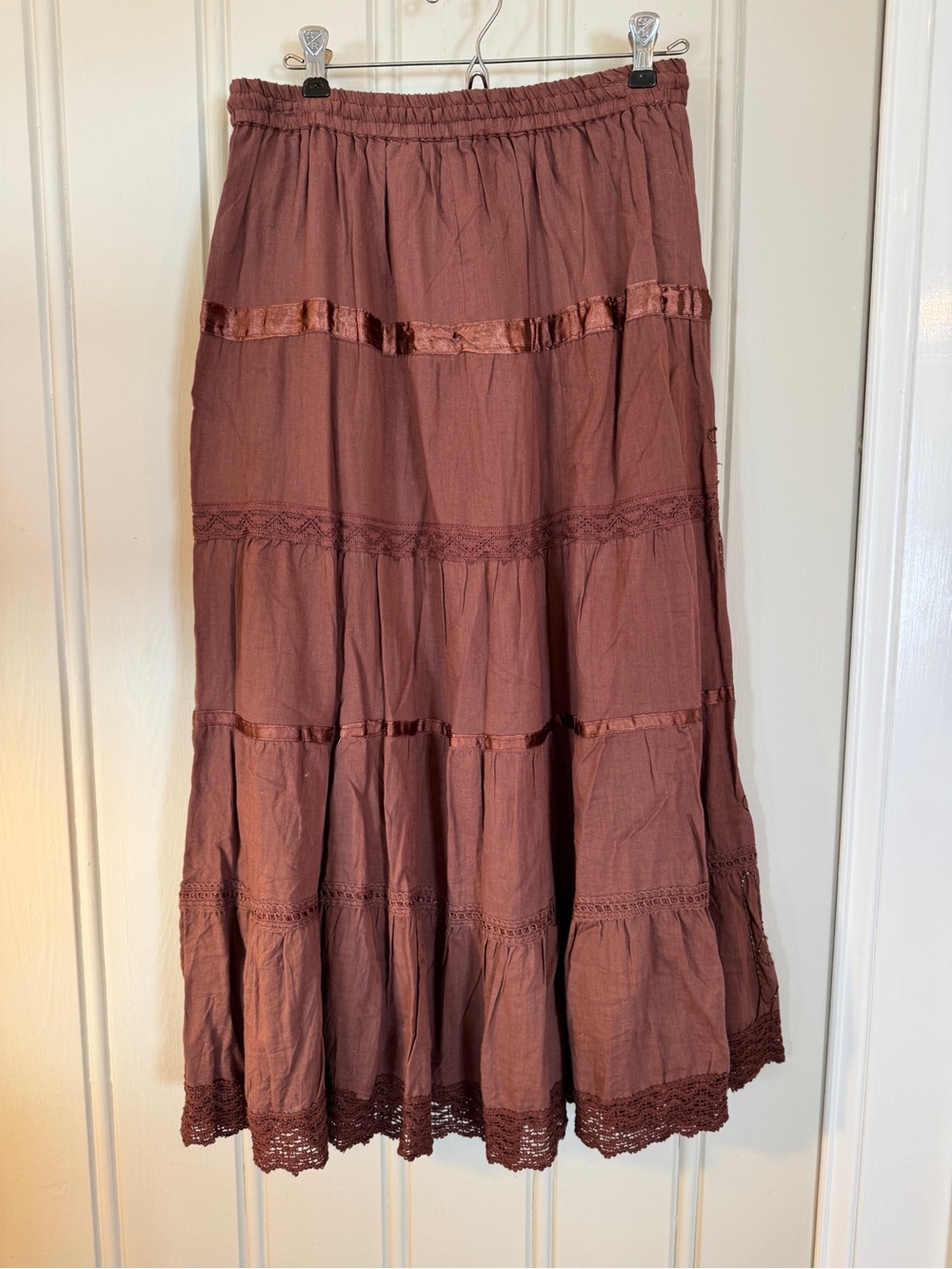 NWT Signature Y2K Boho Embroidered Beaded Tiered Maxi Skirt Brown M - Picture 5 of 7